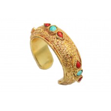Metal Bangle kada Gold Plated engraved design turquoise and coral stone